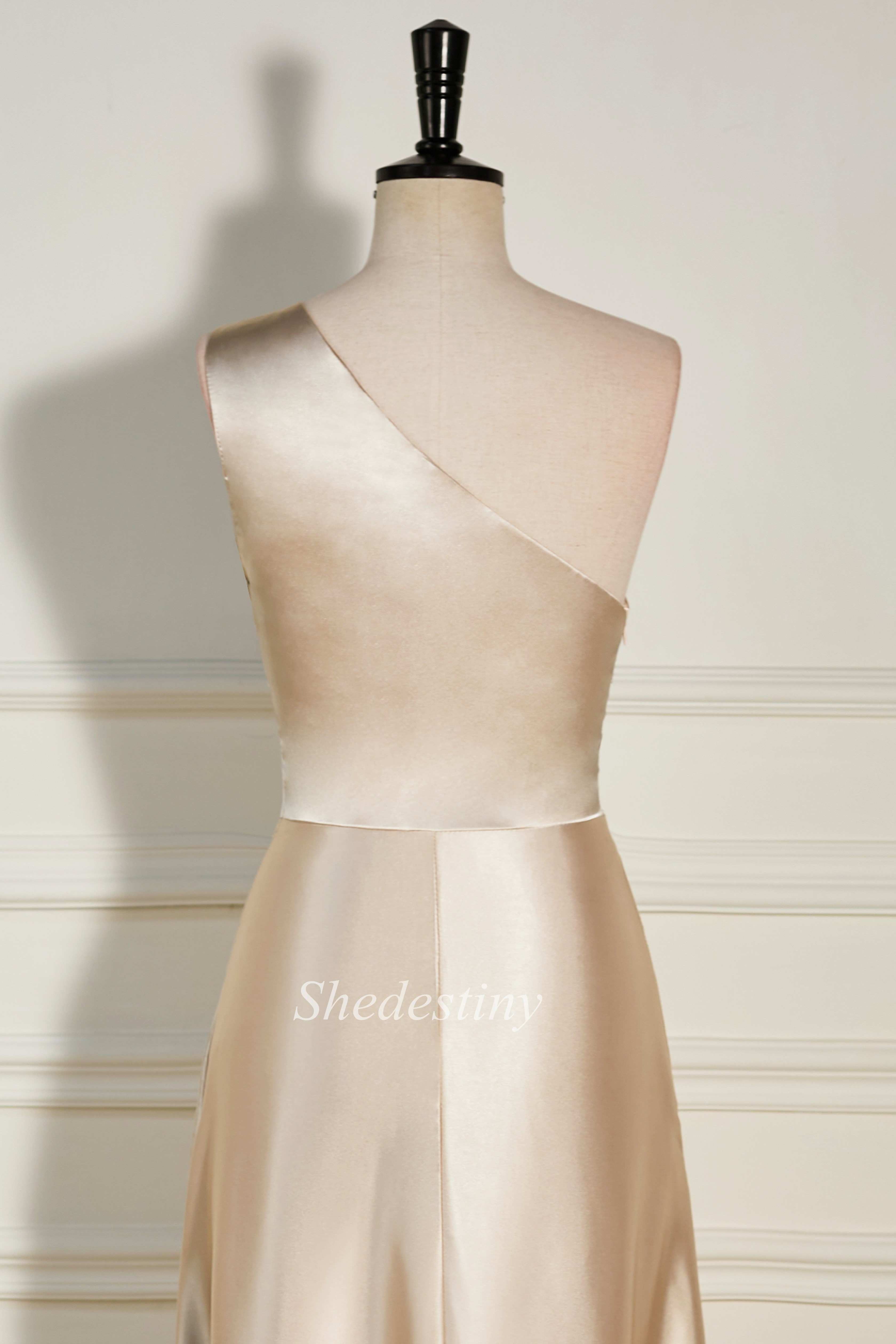 One-Shoulder Champagne A-Line Long Dress with Slit