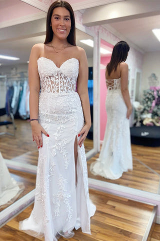 Mermaid Strapless Appliques Boning Long Prom Gown with Slit
