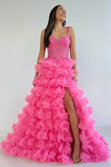 Tiered Ruffles Hot Pink Sweetheart Corset Lace-up Prom Dress with Slit