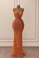 Orange Spaghetti Straps Mermaid Sequin Maxi Dress