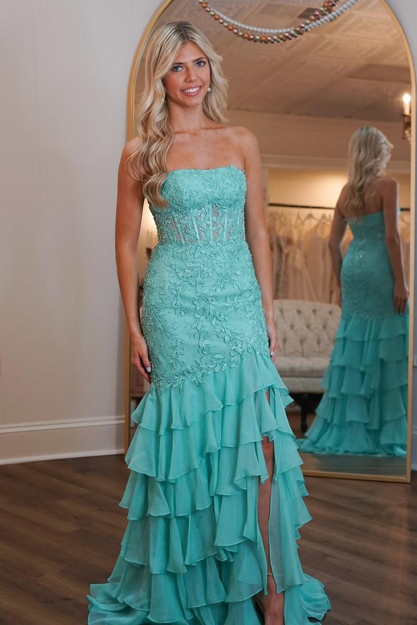 Spa Strapless Applique Beaded High-Slit Prom Gown with Tiered Ruffles