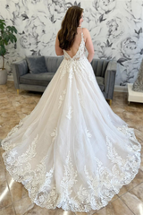 White Appliques Deep V Tulle A-line Long Wedding Dress