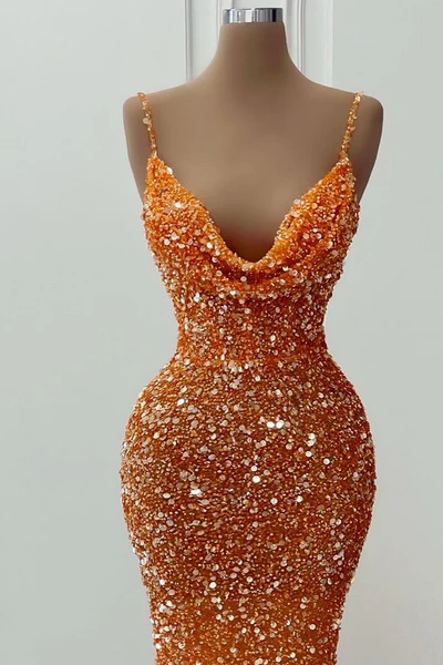 Orange Cowl Neck Mermaid Sequin Maxi Dress