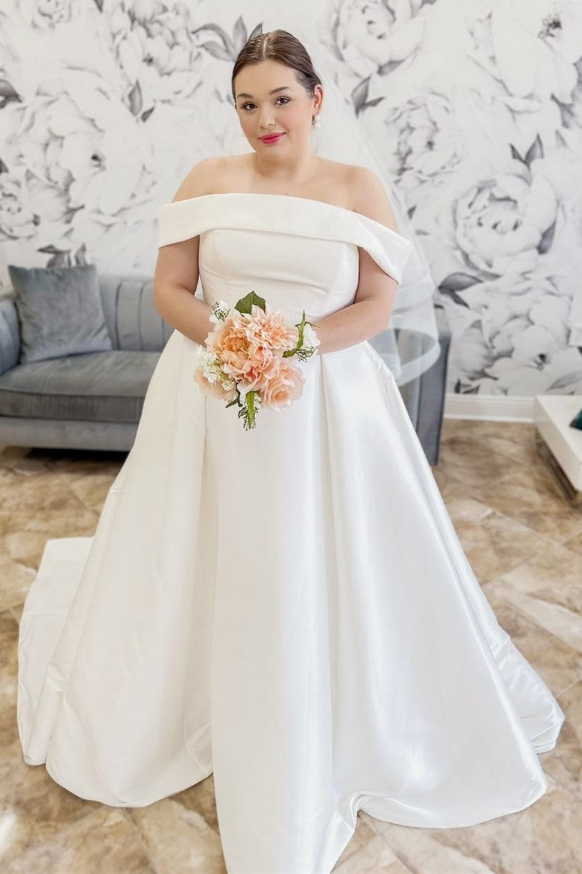 Elegant Ivory Off-the-Shoulder A-Line Long Wedding Dress with Pockets