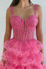 Tiered Ruffles Applique Hot Pink Sweetheart Corset Lace-up Prom Dress with Slit