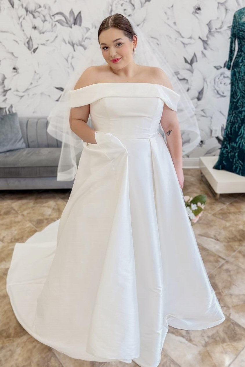 Elegant Ivory Off-the-Shoulder A-Line Long Wedding Dress with Pockets