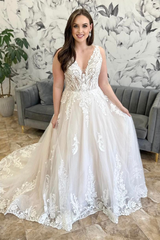 White Appliques Deep V Tulle A-line Long Wedding Dress