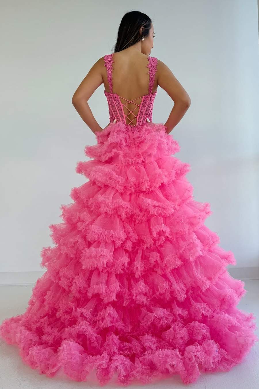 Hot Pink Tiered Ruffles Sweetheart Corset Lace-up Prom Dress with Slit