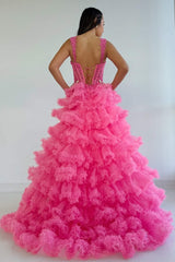 Hot Pink Tiered Ruffles Sweetheart Corset Lace-up Prom Dress with Slit
