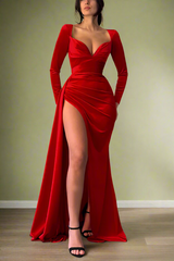 Red Long Sleeves V-Neck Mermaid Slit Formal Dress