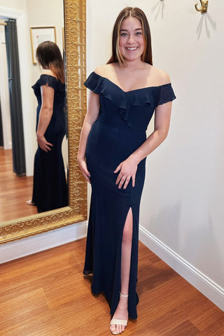Black Chiffon Off-the-Shoulder Mermaid Long Gown with Slit