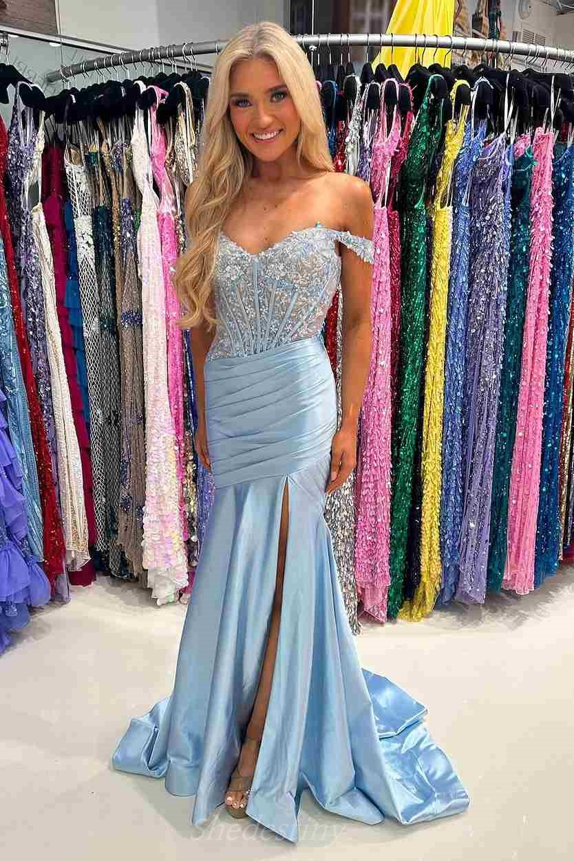 Off the Shoulder Light Blue Pleated Mermaid Prom Dress with Applique