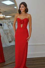 Keyhole Red Strapless Mermaid Fitted Satin Long Prom Dress