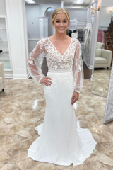 White Mermaid Deep V Neck Illusion Sleeves Appliques Long Wedding Dress