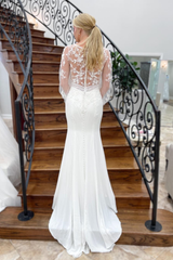 White Mermaid Deep V Neck Illusion Sleeves Appliques Long Wedding Dress