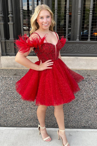 Sparkle Red Beaded Cold-Shoulder Short Homecoming Dress with Feathers