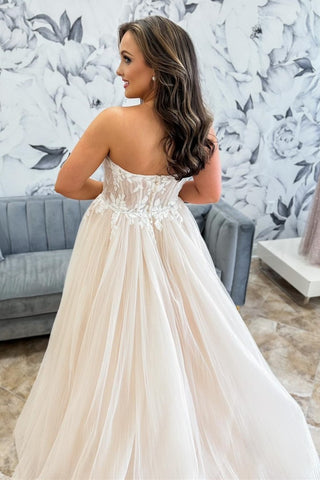 Ivory Tulle Appliques Sweetheart A-Line Long Wedding Dress