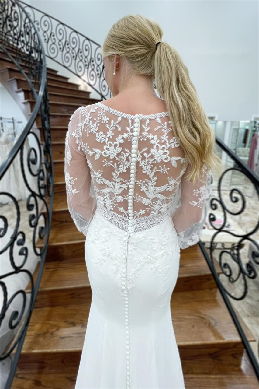White Mermaid Deep V Neck Illusion Sleeves Appliques Long Wedding Dress