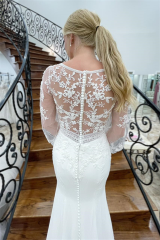 White Mermaid Deep V Neck Illusion Sleeves Appliques Long Wedding Dress