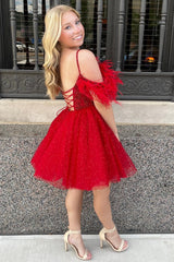 Sparkle Red Beaded Cold-Shoulder Short Homecoming Dress with Feathers