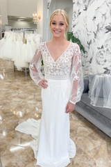 White Mermaid Deep V Neck Illusion Sleeves Appliques Long Wedding Dress