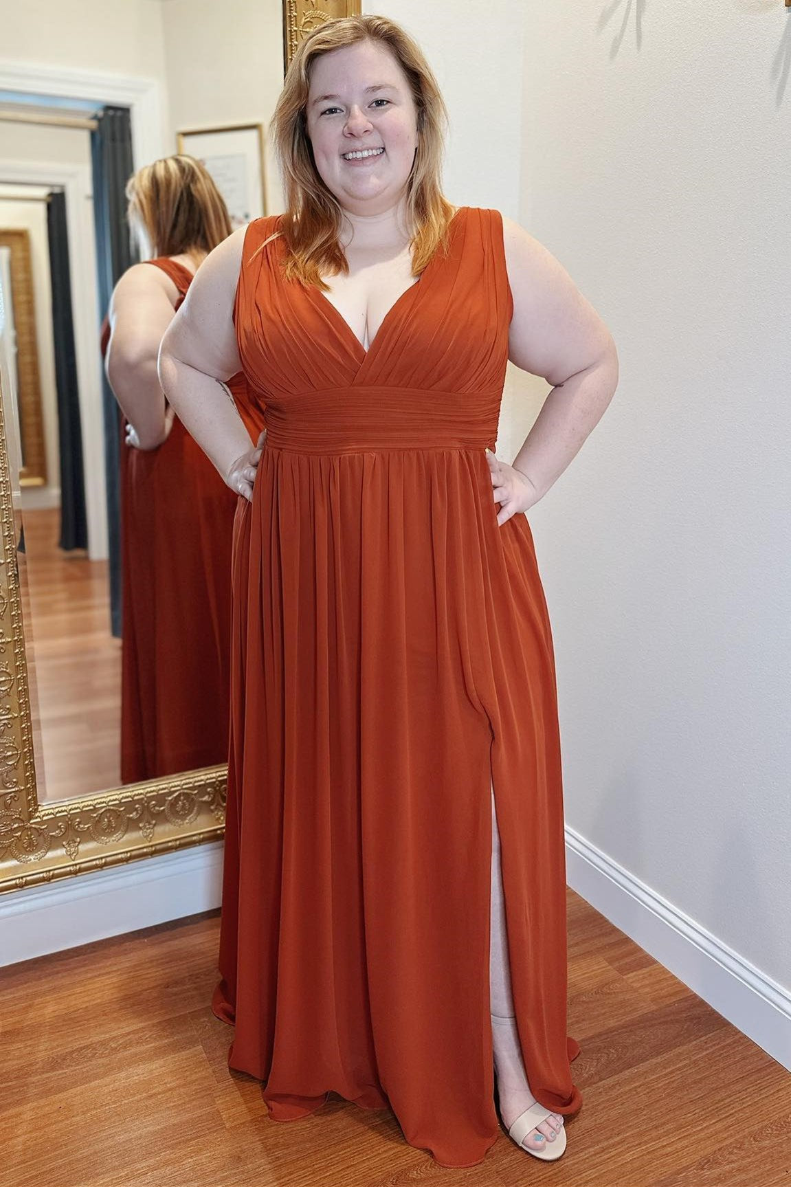 Rust Orange Chiffon V-Neck A-Line Long Gown with Slit