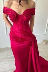 Satin Mermaid Off-the-Shoulder Fuchsia Long Prom Gown 