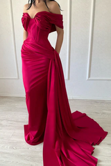 Fuchsia Mermaid Off-the-Shoulder Satin Long Prom Gown 