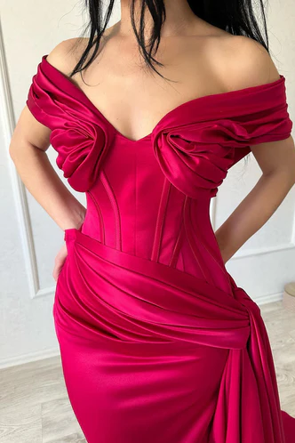 Off-the-Shoulder Mermaid  Satin Fuchsia Long Prom Gown 