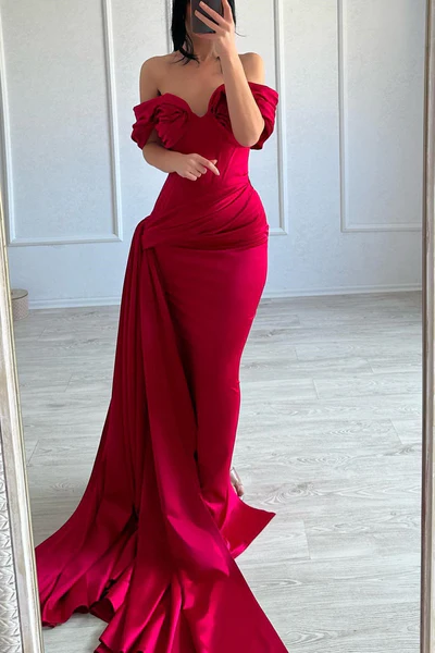 Mermaid Off-the-Shoulder Satin Fuchsia Long Prom Gown 