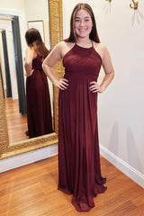 Wine Red Chiffon Halter A-Line Long Bridesmaid Dress