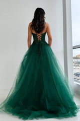 Glitter Emerald Rhinestone Applique A-Line Lace-up Prom Gown with High Slit