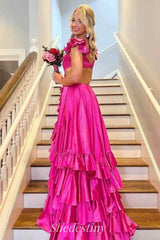 A-Line V Neck Hot Pink Satin Prom Dress with Slit