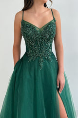 Glitter Emerald Rhinestone Applique A-Line Prom Gown with High Slit