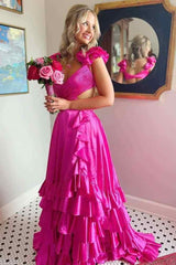 Ruffle A-Line V Neck Hot Pink Satin Prom Dress with Slit