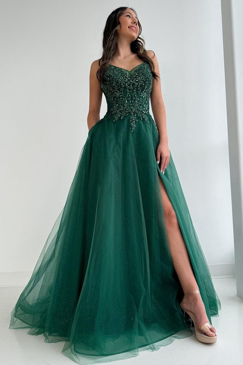 Glitter Emerald Rhinestone Applique A-Line Prom Gown with High Slit