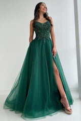 Glitter Emerald Rhinestone Applique A-Line Prom Gown with High Slit