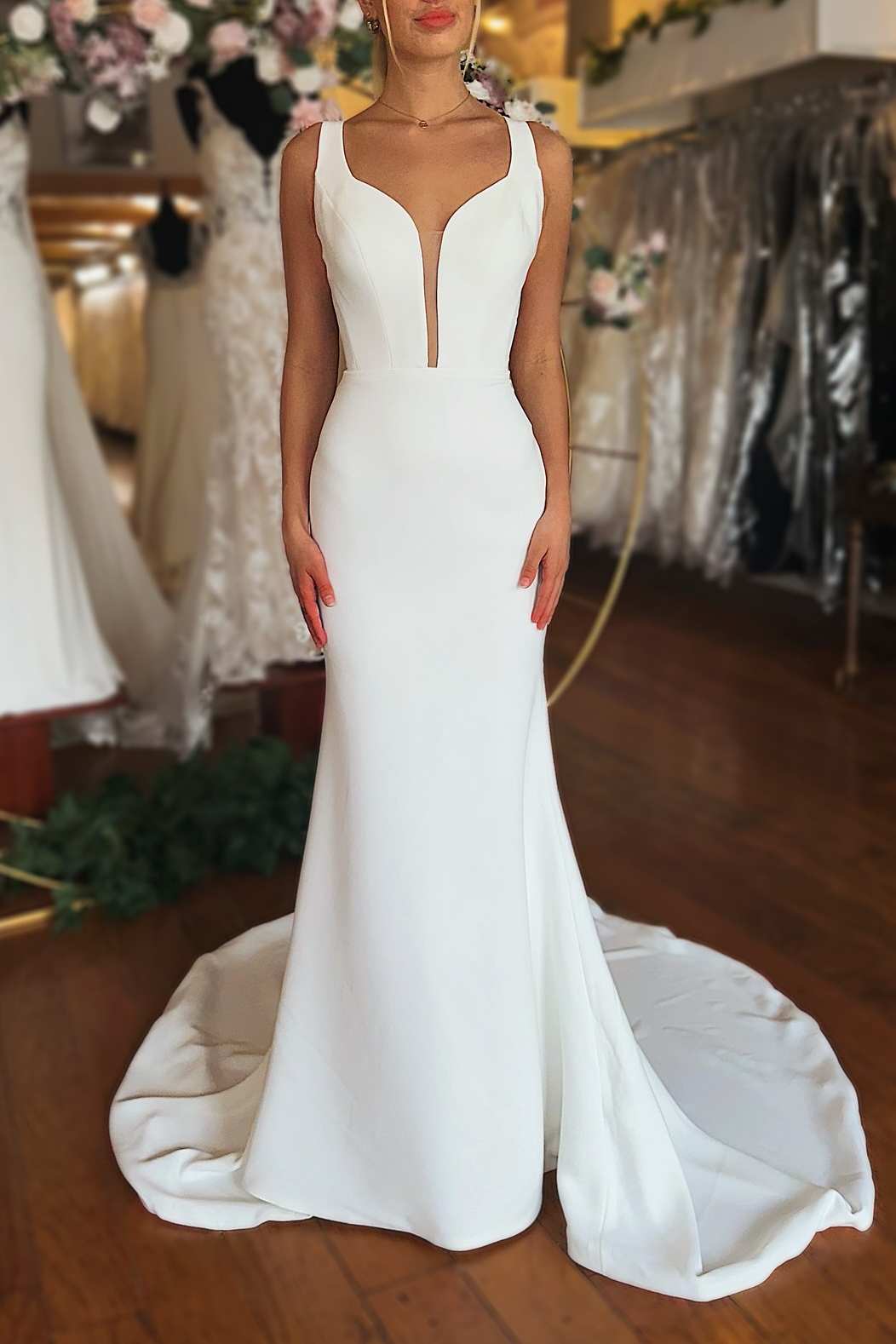 Minimalist Plunging V-Neck Trumpet Satin Bridal Gown