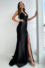 Balck V-Neck Pink Mermaid Applique Long Formal Dress with Lace-up