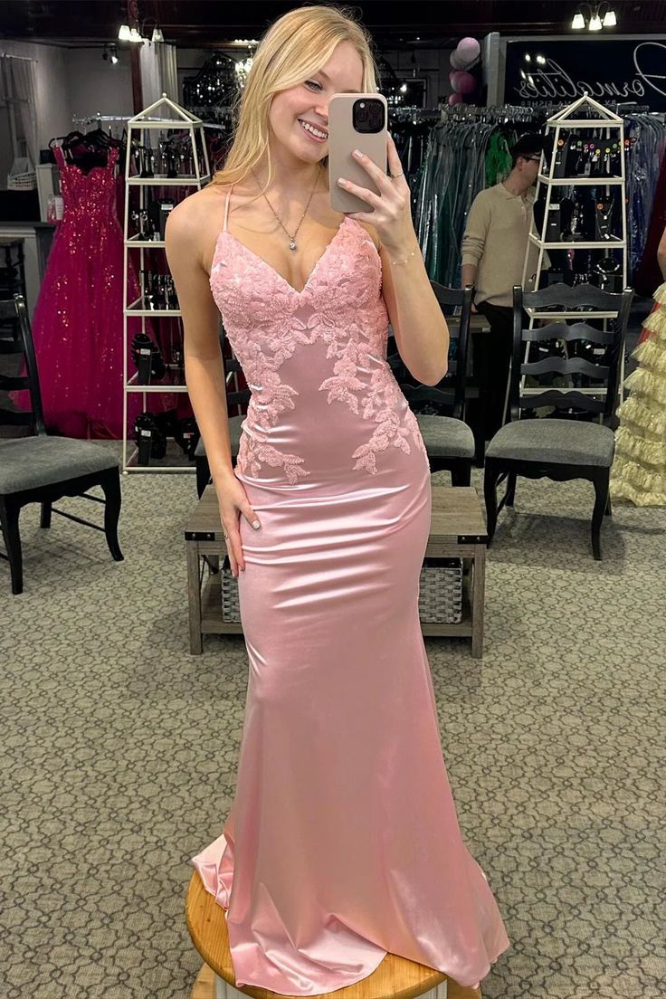 V-Neck Pink Mermaid Applique Long Formal Dress with Lace-up