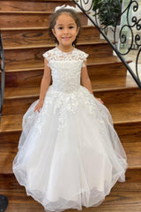 Ivory Tulle Sheer Round Neck A-Line Long Flower Girl Dress