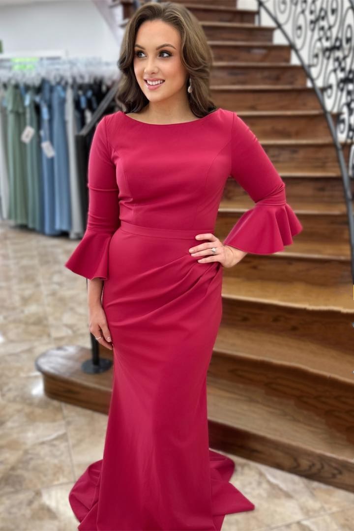 Burgundy Round Neck Ruching Trumpet Long Formal Dress with Sleeves