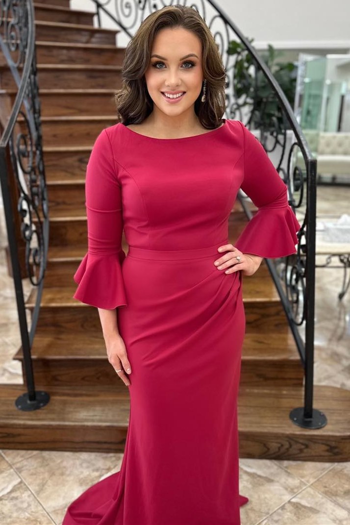 Burgundy Round Neck Ruching Trumpet Long Formal Dress with Sleeves