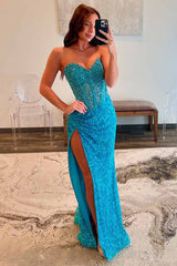 Sparkly Blue Sweetheart Mermaid Slit Prom Dress with Sequin Rhinestone