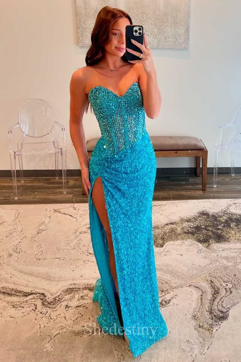 Rhinestone Sparkly Blue Sweetheart Mermaid Slit Prom Dress