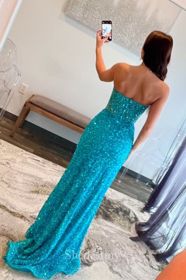 Sparkly Blue Sweetheart Mermaid Prom Dress with Sequin Rhinestone