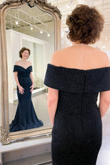 Black Beaded Off-the-Shoulder Trumpet Mother of the Bride Dress