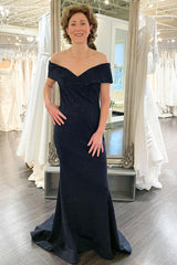 Black Beaded Off-the-Shoulder Trumpet Mother of the Bride Dress