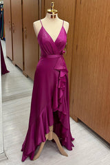 Fuchsia Surplice Ruffles High-Low Gown