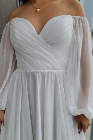 White Off-the-Shoulder Chiffon Long Sleeves Long Wedding Dress